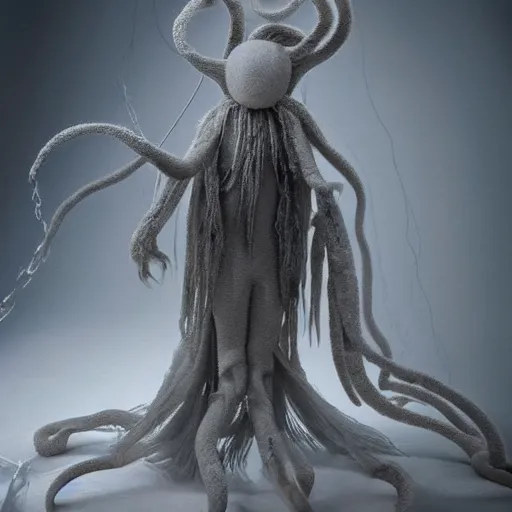Prompt: ethereal ghostly live action muppet wraith like figure with a parasitic squid head with two very long tentacles for arms that flow gracefully at its sides with a long fuzzy snake tail body, it stalks around the frozen tundra searching for lost souls and that hide in the shadows in the trees, this character uses hydrokinesis and electrokinesis, it is a real muppet by sesame street, photo realistic, real, realistic, felt, stopmotion, photography, sesame street