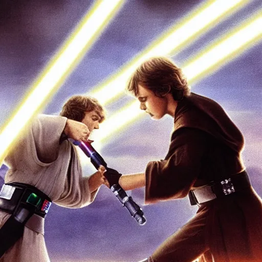 Image similar to luke skywalker fighting anakin skywalker, star wars, lightsaber