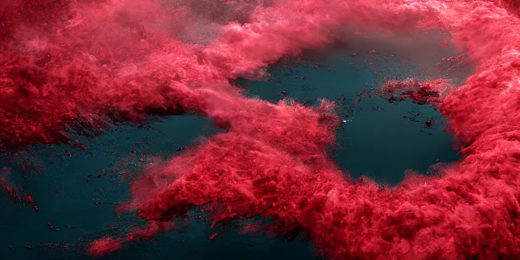 Prompt: a churning, boiling red sea with lots of smoky black and red steam, fantasy digital art, octane render, beautiful composition, trending on artstation, award-winning photograph, masterpiece