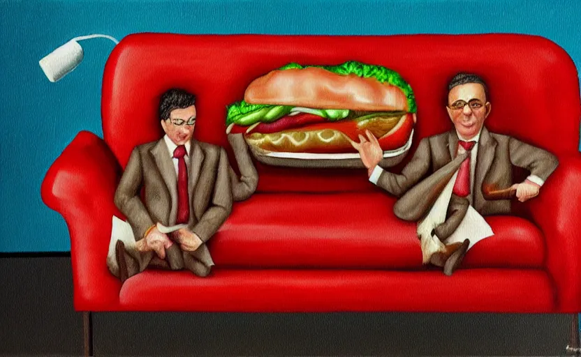 Image similar to realistic painting of couch made out of meat, business men sitting on couch made out of meat and talking, meat couch, meat couch,