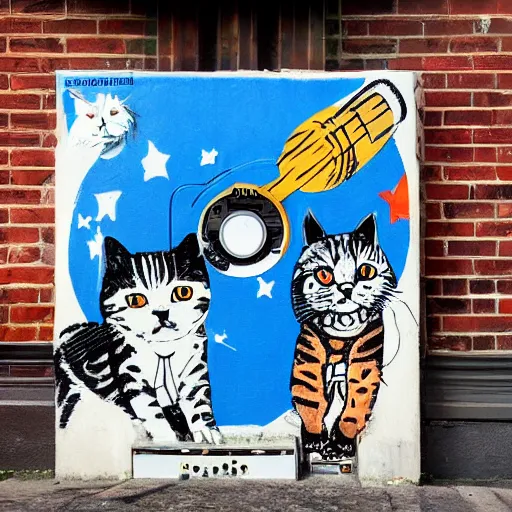 Image similar to Street-art painting of cats on synthesizer in space, style of Banksy, photorealism