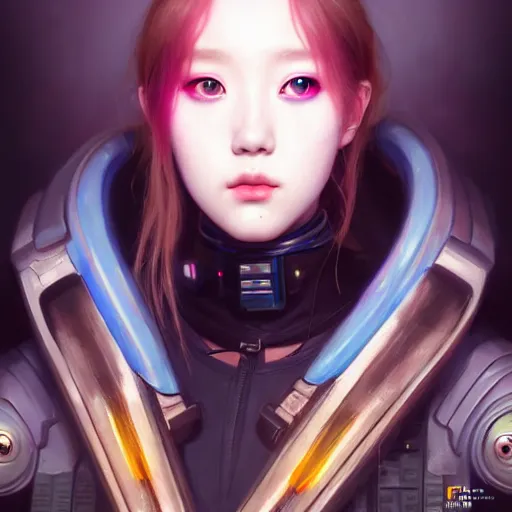 Image similar to portrait painting of cyberpunk chuu from loona as a happy mercenary, ultra realistic, concept art, intricate details, eerie, highly detailed, photorealistic, octane render, 8 k, unreal engine. art by artgerm and greg rutkowski and magali villeneuve and alphonse mucha