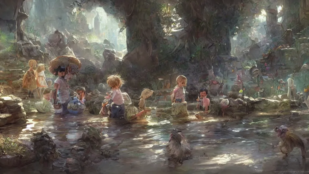 Image similar to a beautiful painting of children lost inside their imaginations, lovely, concept art, detailed, artstation, 4k, james gurney