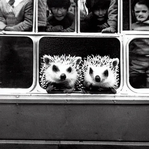 Prompt: hedgehogs on a schoolbus, photo, 1 9 6 0 s psychedelic