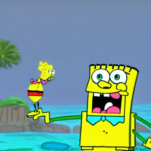 Image similar to close up of bikini bottom and spongebob, cinematographic shot,