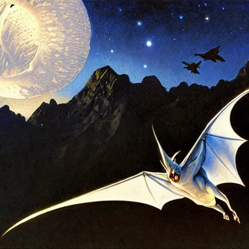 Image similar to hyper realistic white bat, flying against a dark black night sky, mountain in the background, moonlight, denoised, very detailed, painted by james gurney, alphonso mucha, norman rockwell, tom bagshaw