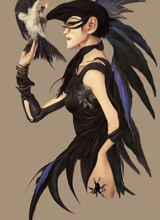 Image similar to concept art painting of a harpy bird human hybrid with black feathers, androgynous, pirate clothes, detailed, realistic, cel shaded, in the style of makoto shinkai and james gurney and alphonse mucha and greg rutkowski and artgerm