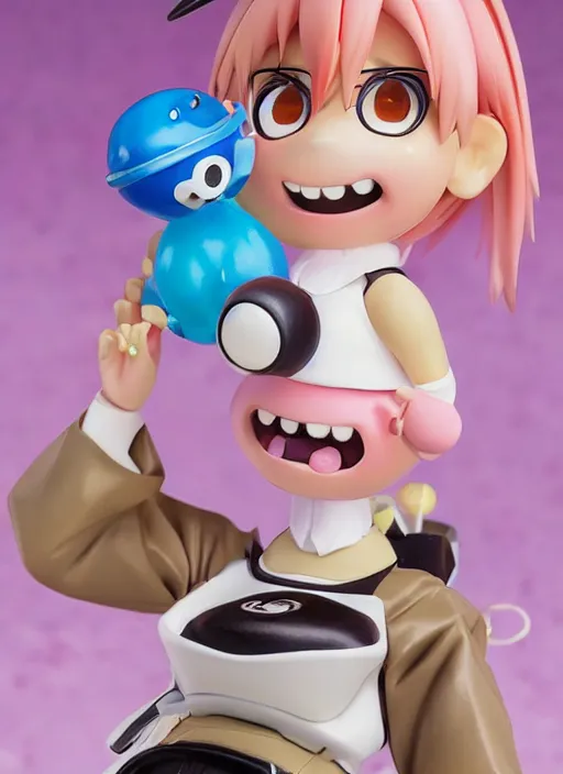 Prompt: a hyperrealistic Kotobukiya oil painting of a looney kawaii vocaloid figurine caricature with a big dumb goofy grin and pretty sparkling anime eyes featured on Wallace and Gromit by john kricfalusi