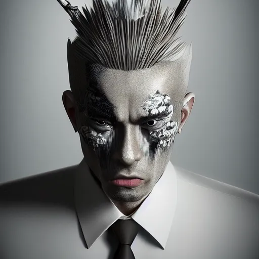 Prompt: japanese salaryman with extremely detailed headdress, inspired by die antwoord beautiful, hand painted textures, cloth physics, deviantart, karol bak, masamune shirow, black and white, beautiful lighting, photorealistic, concept art, perfect render, 3 d render, pixar, 8 k