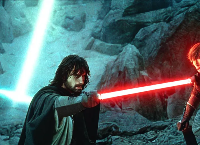 Image similar to Brutal combat Aragorn vs Luke Skywalker. Film still. Aragorn on the left side and Luke Skywalker with red light saber on the right side in the middle earth near broken X-wing ship, high detail