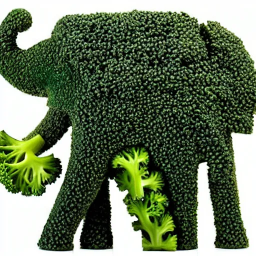 Image similar to an elephant created out of pieces of broccoli