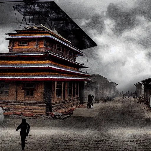 Image similar to nepal, gloomy, dystopian, digital art