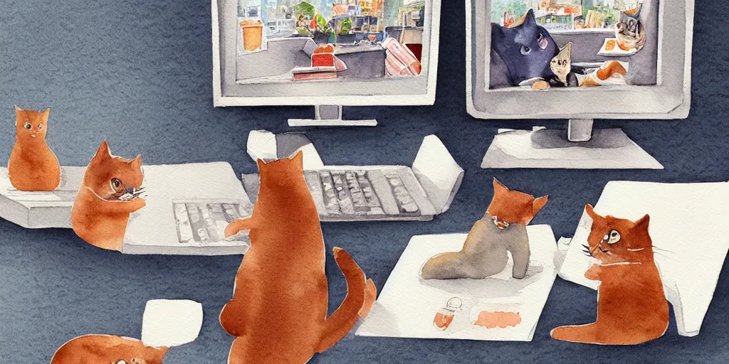 Image similar to watercolor illustration style, cute cats watch the news in computer monitor