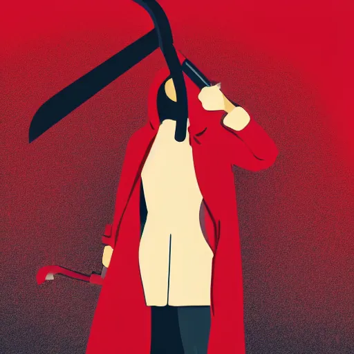 Image similar to Red hooded trench coat faceless person holding a scythe in a red background, cartoon style