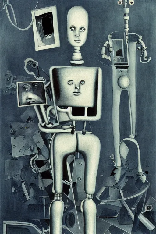 Image similar to robot monk painting a self - portrait on a canvas. intricate, highly detailed, photorealistic, film still, by yves tanguy.