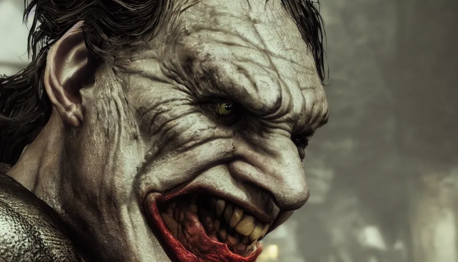 Image similar to close - up skyrim character screenshot of the joker talking to you, enb, 4 k, bokeh, beautiful, detailed