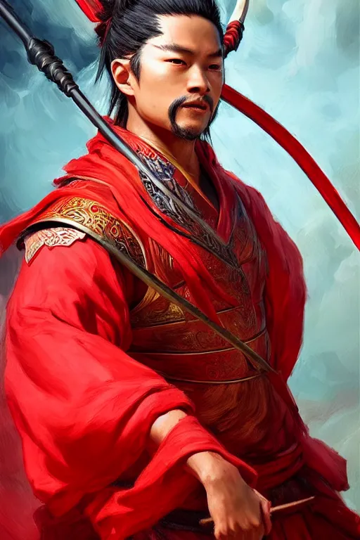 Image similar to a masterpiece portrait of nezha, red cloth around his shoulders, hold spear, cinematic, fantasy character portrait, highly detailed, by ne zha ( 2 0 1 9 ), fenghua zhong,