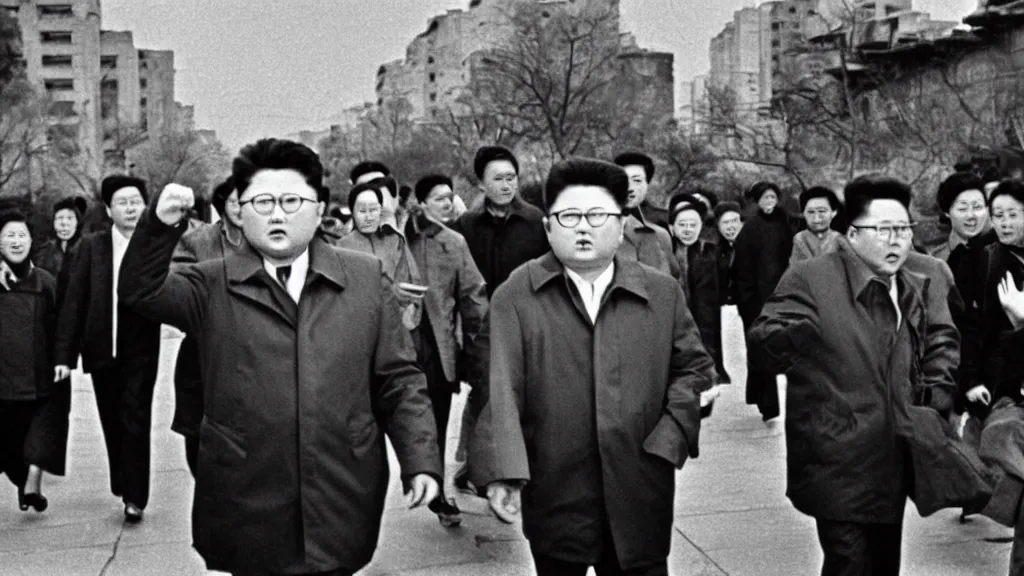 Image similar to kim jong - il walking in 1 9 6 0 s pyongyang, film noir thriller in the style of orson welles and andrei tarkovski