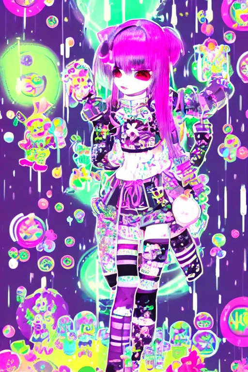 Prompt: cybergoth decora glitchcore yokai girl, sanrio ornaments, pastel cute cinematography | neo hong kong, rainy atmosphere, night time, bright lights, colorful signs, busy streets, high res, kowloon | old ancient chinese website full of spam. internet explorer window is glitching out. mum wtf