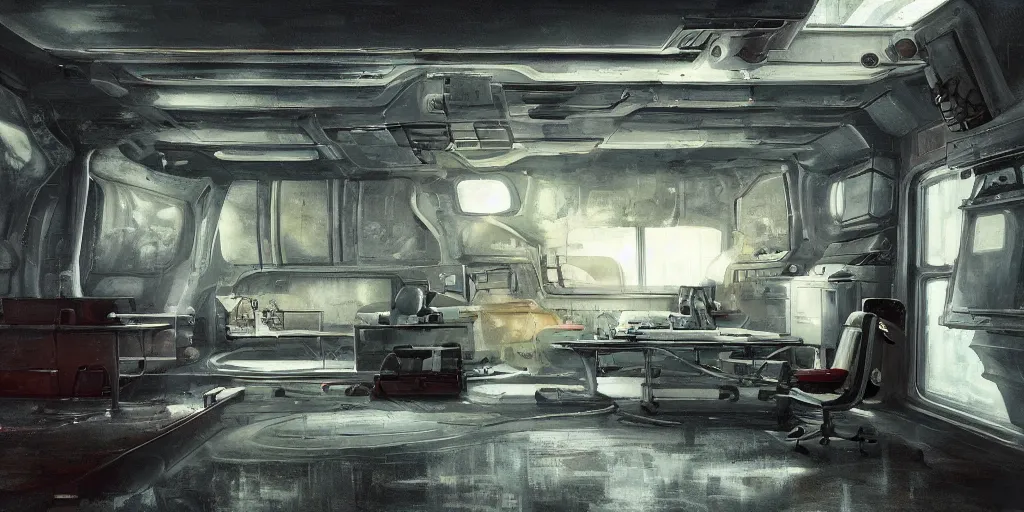 Image similar to faded steel industrial spaceship cramped living quarters painted clean interior room sci - fi