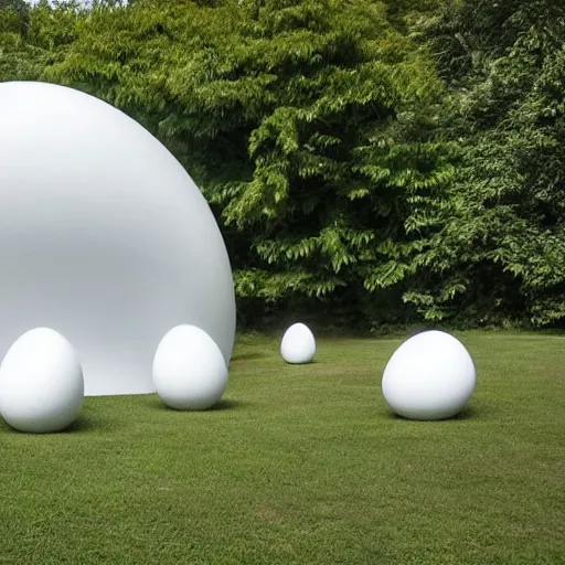 Prompt: 2 0 white egg shaped spheres intersect and merge in space to form a parametric building, designed by antti lovag on the calm sleeping water surface