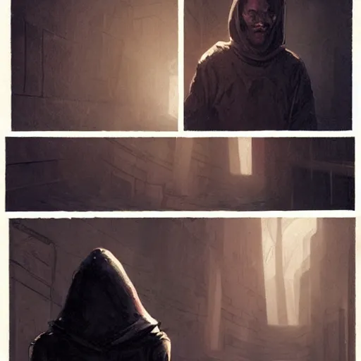 Prompt: a man in a black hoodie coming back home from a portal through the multiverse, vintage comic, greg rutkowski