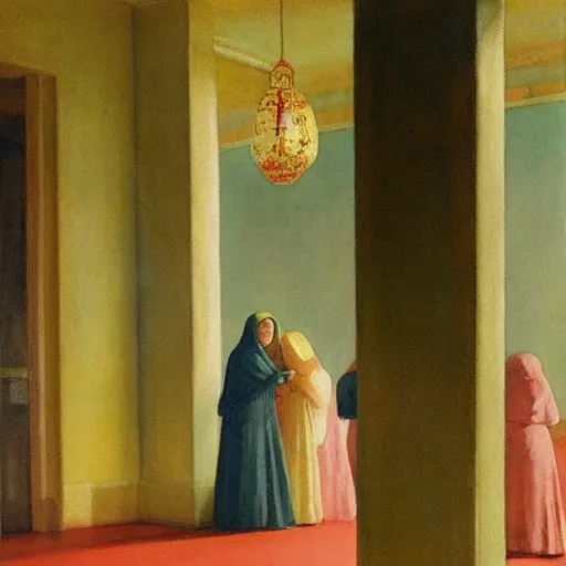 Image similar to procession of women in a soviet temple, dripping watercolor by hammershøi, highly detailed, art nouveau wallpaper, lights by edward hopper, liminal, eerie, pastel colors, limited palette