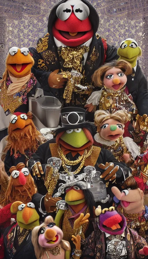 Image similar to the muppets are are gangsta rappers on stage at a concert, dressed in ornate hip hop clothing and wearing gold necklaces and bling, intricate, highly detailed, digital painting, artstation, symmetrical, concept art, smooth, sharp focus, illustration, unreal engine 5, 8 k, art by artgerm and greg rutkowski and alphonse mucha