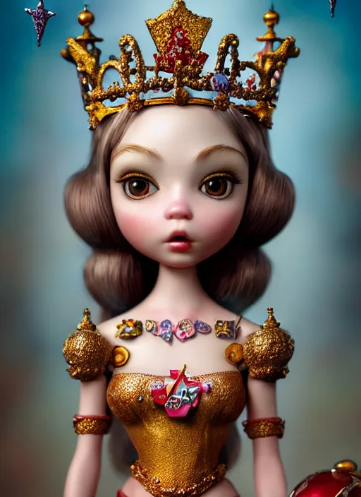 Image similar to highly detailed closeup, profile portrait of a tin toy fairytale princess wearing a crown, bikini, unreal engine, nicoletta ceccoli, mark ryden, earl norem, lostfish, global illumination, detailed and intricate environment