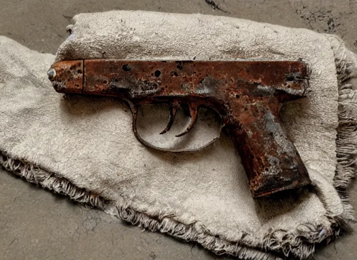 Image similar to An old rusty pistol on a towel, deeply rusted, water damage, detailed picture,