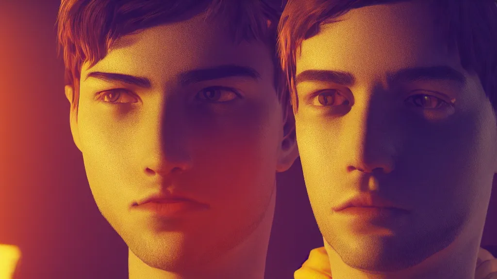 Image similar to close up portrait of young handsome it engineer in a yellow sweatshirt. cyberpunk, volumetric lighting, 4 k, hd, artstation, deviantart