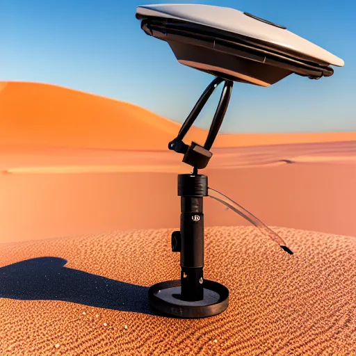 Prompt: peaceful mobile biomimetic rugged anemometer station sensor antenna on all terrain tank wheels, for monitoring the australian desert, XF IQ4, 150MP, 50mm, F1.4, ISO 200, 1/160s, dawn