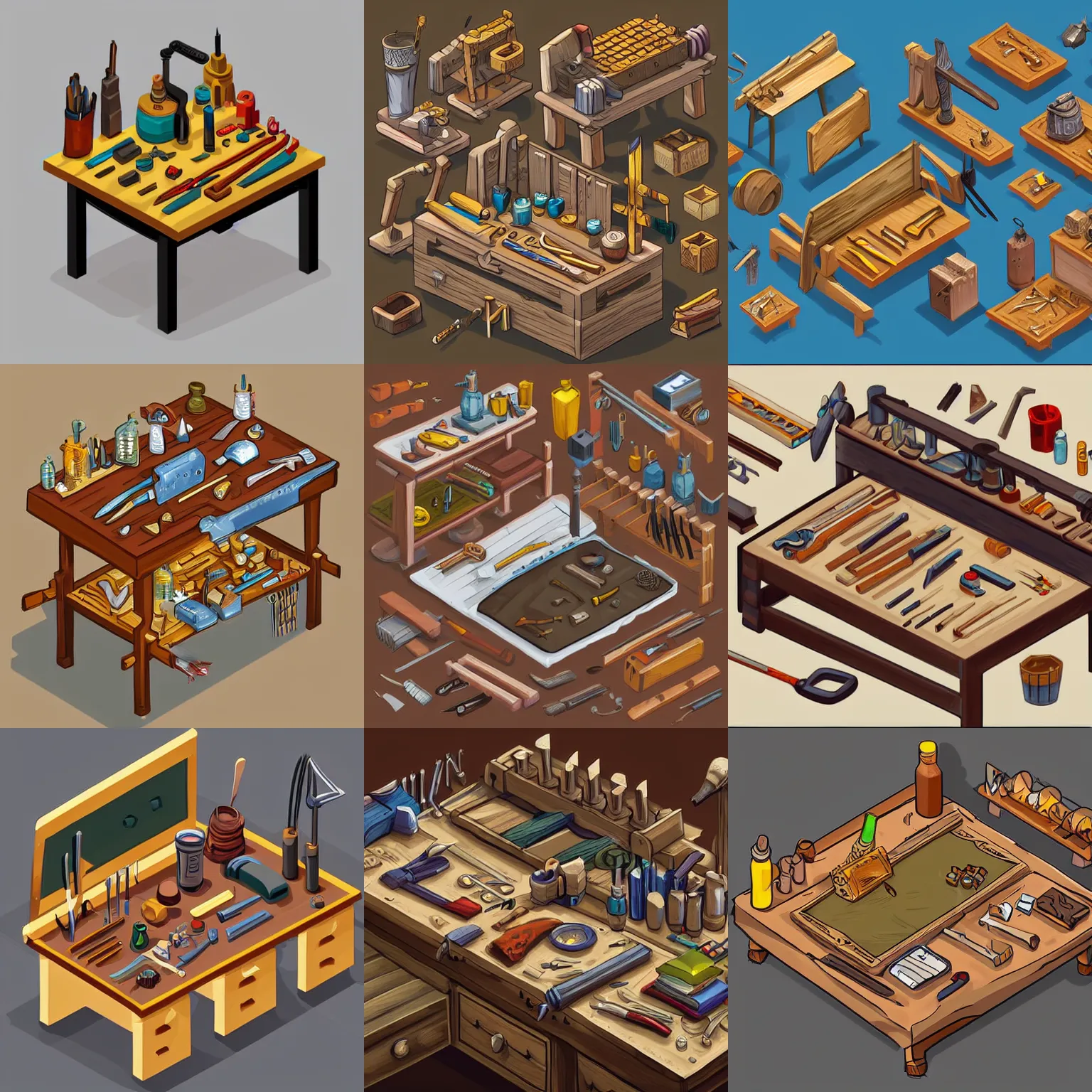 Prompt: a digital painting of a cluttered isometric medieval workbench by yusuf artun, highly detailed, digital art, isometric, artstation hd