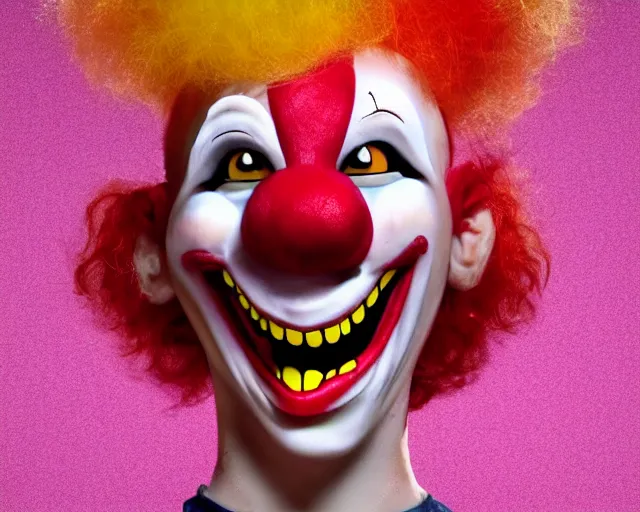 Image similar to mischief the clown, interface, umami, u m a m i, youtube series, digital illustration, flat - shaded, pink monster clown, red lips with yellow teeth, big red nose, large yellow eyebrows, pink spaghetti body