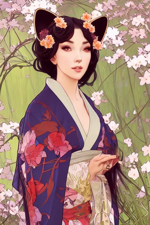 Prompt: A beautiful woman with fox ears who wears kimono in a garden, highly detailed, digital painting, artstation, concept art, smooth, sharp focus, illustration, art by artgerm and alphonse mucha, high definition digital art, in the style of Ross tran and ilya kuvshinov