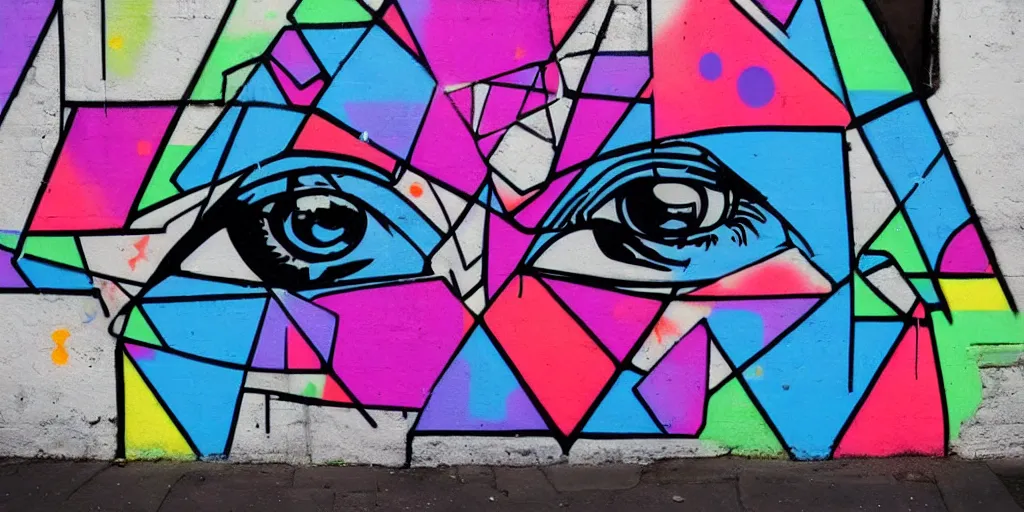 Prompt: the illuminati all seeing eye, occult, aesthetic, cyberpunk, neon colors, flat color, minimal, large spray graffiti on a wall by famous london graffiti artist