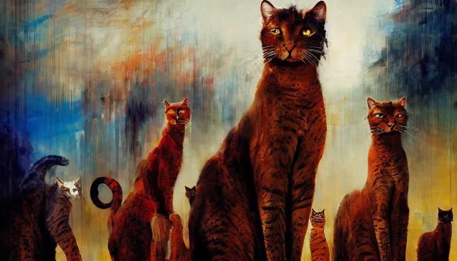 Image similar to contemporary semi abstract acrylic painting of really tall cats by william turner, by greg rutkowski, kessler art, thick brush strokes and visible paint layers, multicolor color scheme