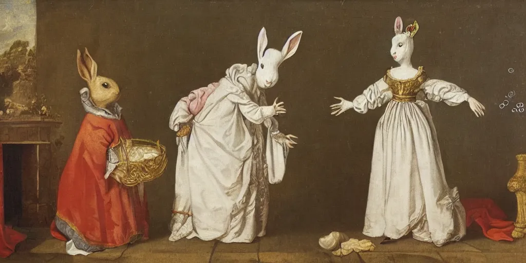 Prompt: a rabbit dressed as a queen, wearing a white robe, 17th century oil painting