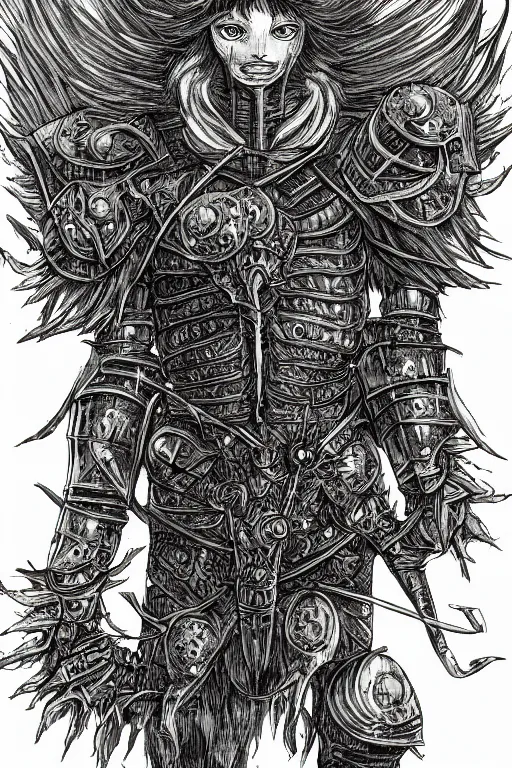 Image similar to armoured warrior dandelion monster, symmetrical, highly detailed, digital art, dandelion themed armour, sharp focus, trending on art station, kentaro miura manga art style