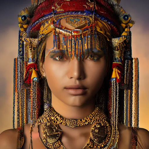 Image similar to portrait of a stunningly beautiful alluring and attractive nepalese tribal female maiden, depth of field, zeiss lens, detailed, symmetrical, centered, fashion photoshoot, by annie leibovitz and steve mccurry, david lazar, jimmy nelsson, breathtaking, 8 k resolution, extremely detailed, beautiful, establishing shot, artistic, hyperrealistic, beautiful face, octane render