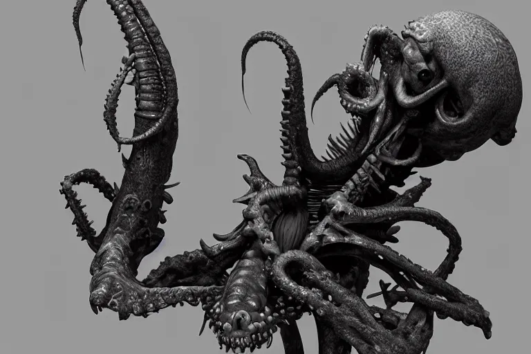 Image similar to a squid monster eating a person, john carpenter, eighties practical horror special effects, cosmic horror, protruding bones, trending on zbrush central, neoplasticism, lovecraftian, zbrush, biomorphic, nightcafe