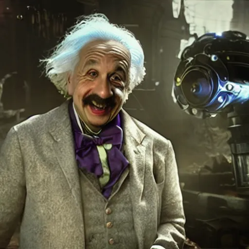 Prompt: albert einstein as willy wonka in gears of war, splash art, movie still, detailed face, photorealistic facial features, cinematic lighting, dramatic, octane render, long lens, shallow depth of field, bokeh, anamorphic lens flare, 8 k, hyper detailed, 3 5 mm film grain