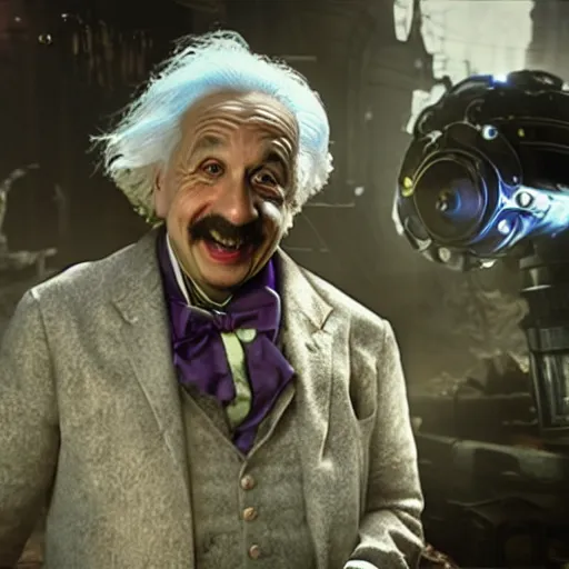 Image similar to albert einstein as willy wonka in gears of war, splash art, movie still, detailed face, photorealistic facial features, cinematic lighting, dramatic, octane render, long lens, shallow depth of field, bokeh, anamorphic lens flare, 8 k, hyper detailed, 3 5 mm film grain