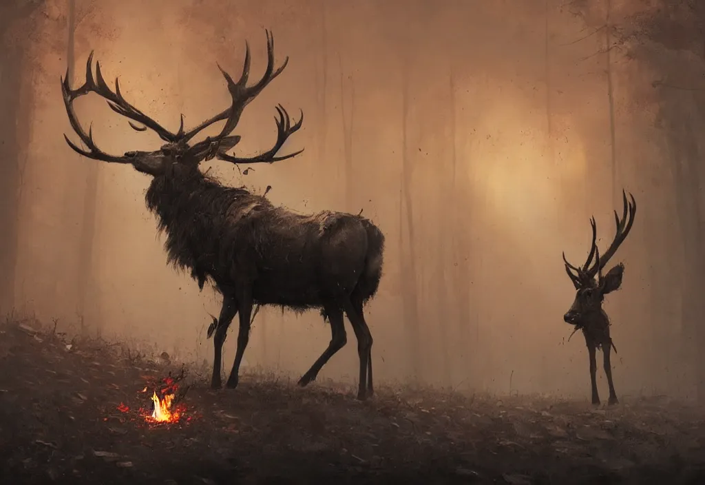 Image similar to a stag inside a burning heart, artstation, jakub rozalski, high detail, dramatic lighting