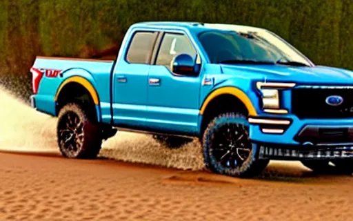 Image similar to Ford F150 Hydro Blue 2022 Truck on a Green Sand Beach at sunset