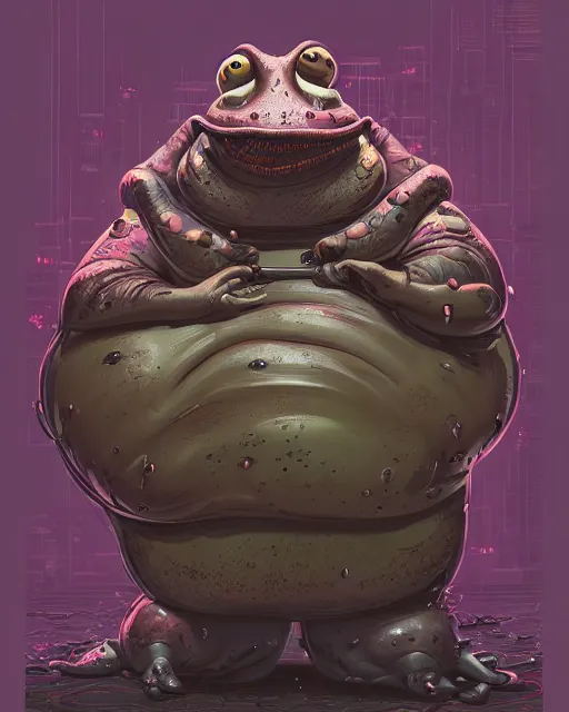 Image similar to a morbidly obese slimy anthropomorphic toad king wearing ornate cyberpunk armor, smooth, intricate, elegant, digital painting, artstation, steam, grungy steel, concept art, sharp focus, octane render, illustration, art by josan gonzalez,