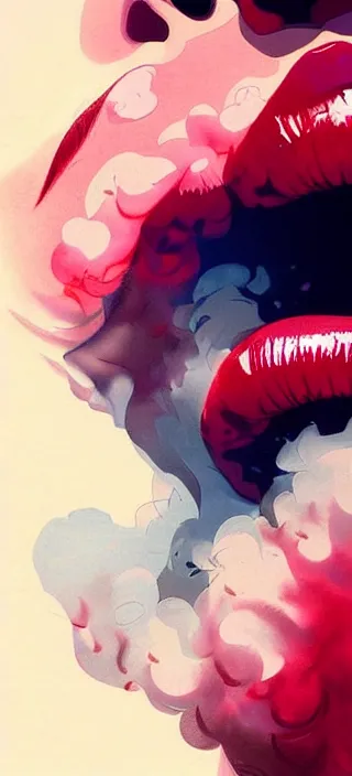 Image similar to extreme closeup of smoke from a young woman's mouth, closeup!!, thick swirling smoke everywhere, by conrad roset, brush strokes, trending on artstation