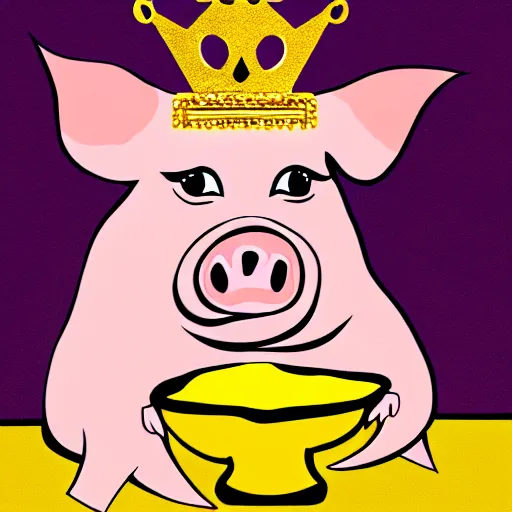 Prompt: pig wearing a gold crown sitting on a kings throne eating a pork rind in the style of Picasso, 8k resolution, award winning, realistic, cinematic concept art