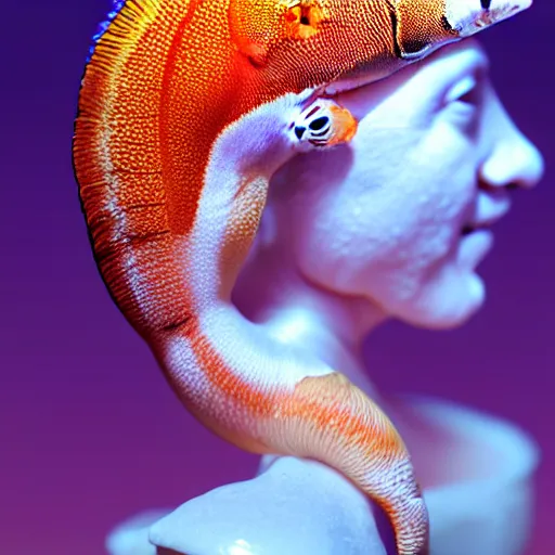 Image similar to high quality photo of a young beautiful female queen-feather-clownfish bust with a very long neck and Mandelbrot fractal face, Mandelbrot fractal skin, flesh, anatomical, facial muscles, veins, arteries, elegant, highly detailed, flesh highly baroque ornate, elegant, high fashion, rim light, octane render, in the style of Lindsay Adler, Realistic, Refined, Digital Art, Highly Detailed, Cinematic Lighting, rim light, photo-realistic, 8K