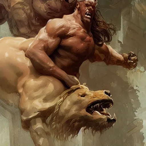 Image similar to Heracles strangling the Nemean Lion, digital painting, detailed, artstation, Krenz Cushart, Greg Rutkowski, Alphonse Mucha, Artgerm